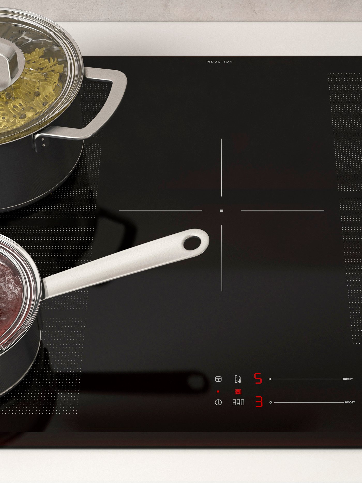 A covered medium-sized pot boiling pasta and a small covered saucepan on flexible heating zones of the induction hob.