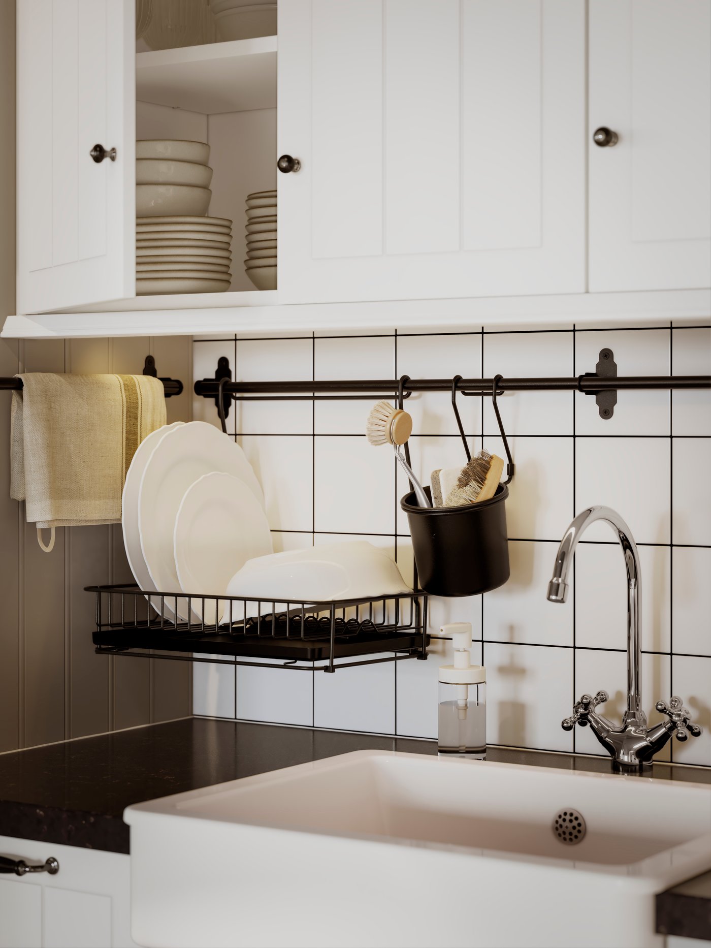 Kuhinjsko korito z visečim odcejalnikom v črni barvi.