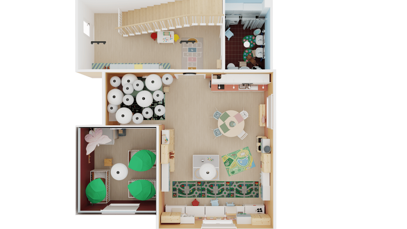 Grundriss vom Erdgeschoss eines Hauses wo eine Tagesmutter sich Räumlchkeiten eingerichtet hat.