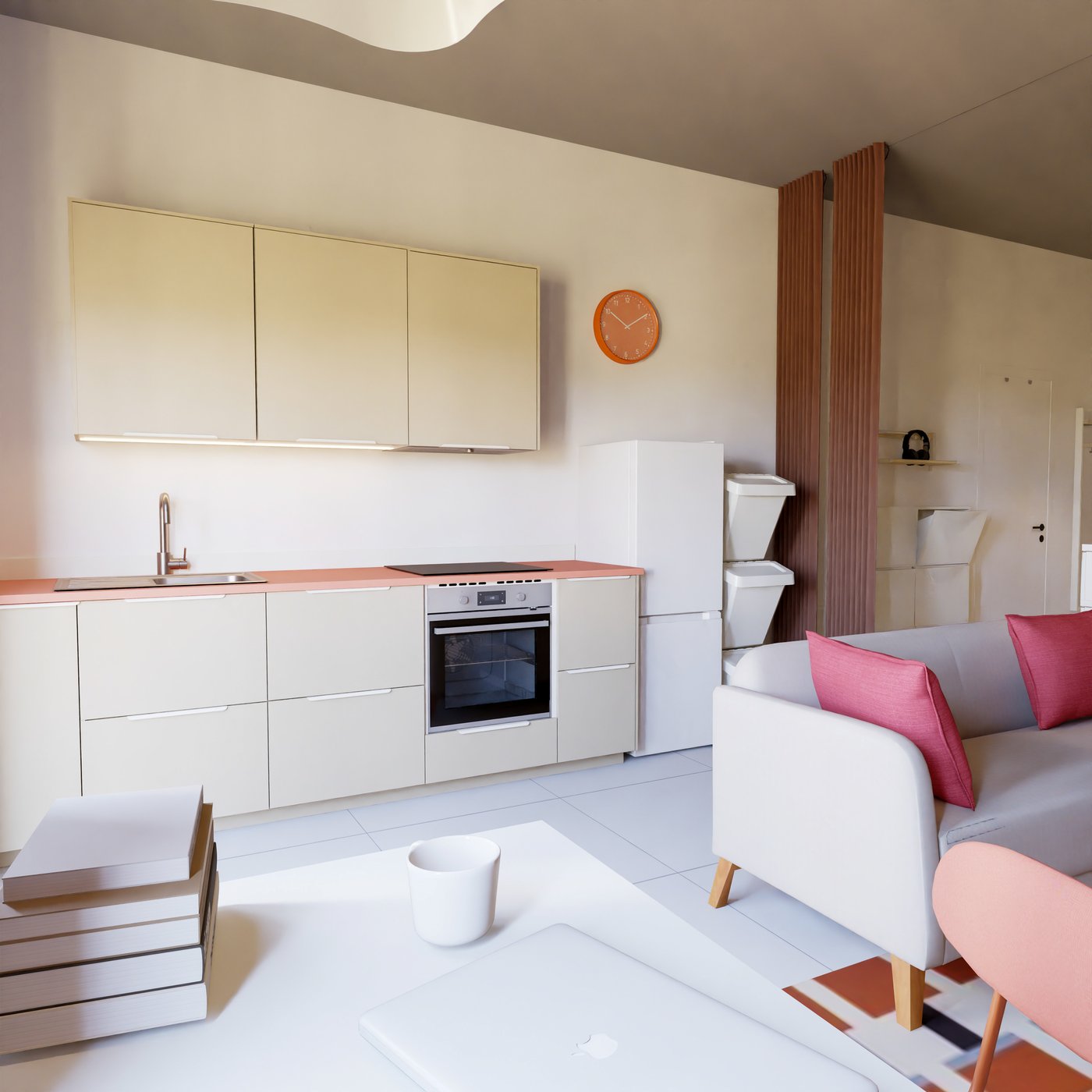 Beige Küchenzeile mit drei Oberschränken und freistehendem Kühlschrank.