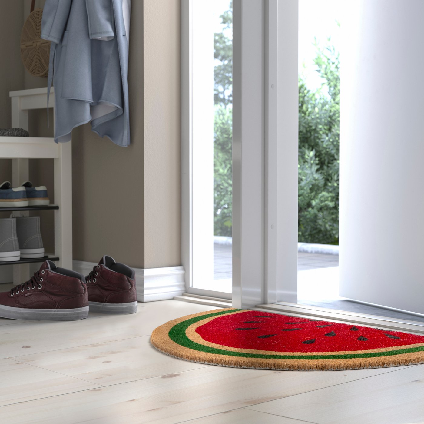 A white TJUSIG bench with shoe storage in the hallway