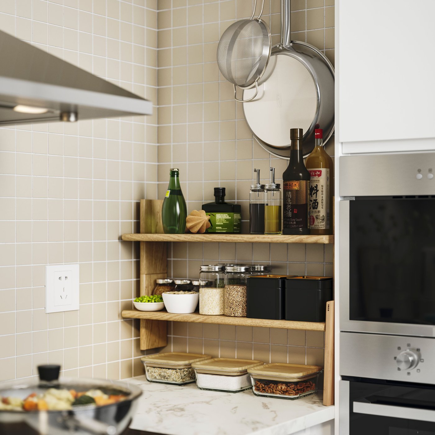 A kitchen with KLAVRESTRÖM wall shelves stocked with jars, oils, and pans hanging from hooks above the tiled backsplash.