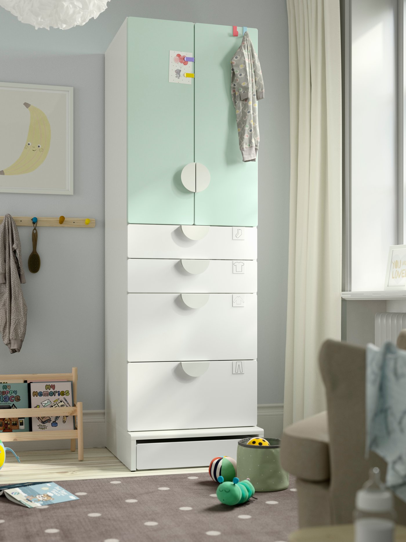 A white light green/with 4 drawers SMÅSTAD wardrobe in the childrens room