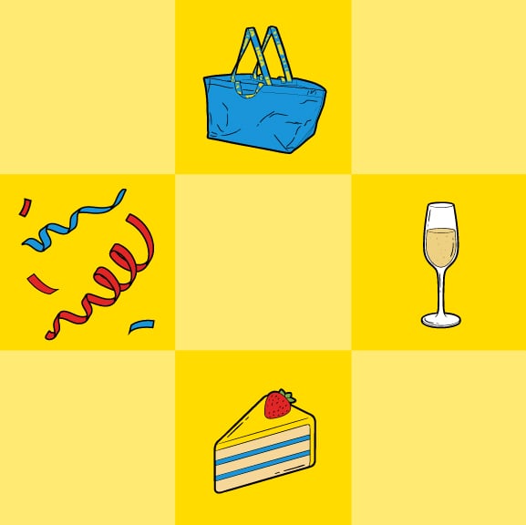 Keltaisella taustalla, jossa on ruudukko on piirretty IKEA-kassi, serpentiiniä, samppanjalasi ja kakkupala