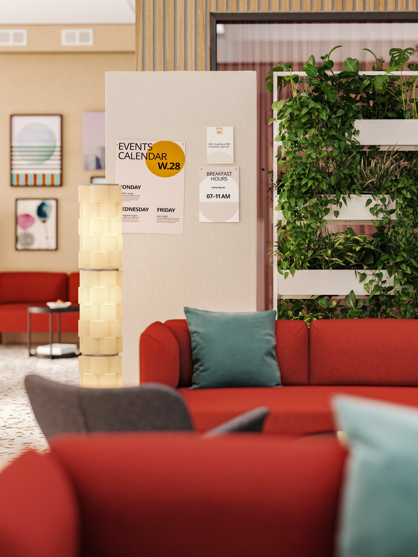 Events and info pinned to the noticeboard on the acoustic panel of a MITTZON frame on wheels, right behind the lounge sofas. Handy, mobile and always within reach!