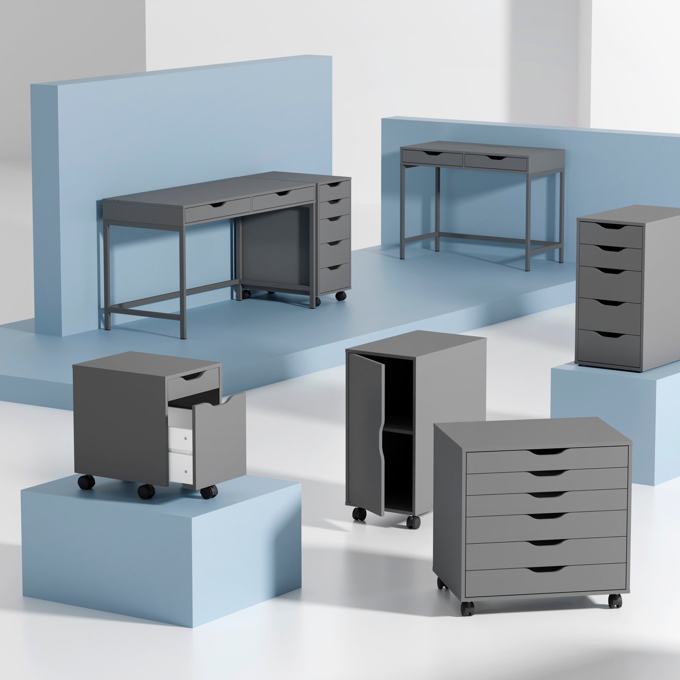 Different ALEX drawer units and desks, showing the variety of the series.