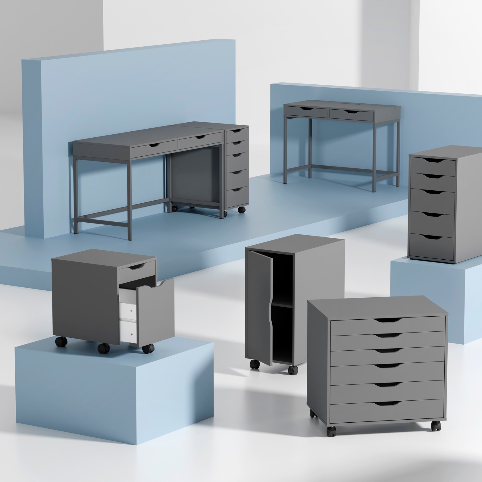 Different ALEX drawer units and desks, showing the variety of the series.
