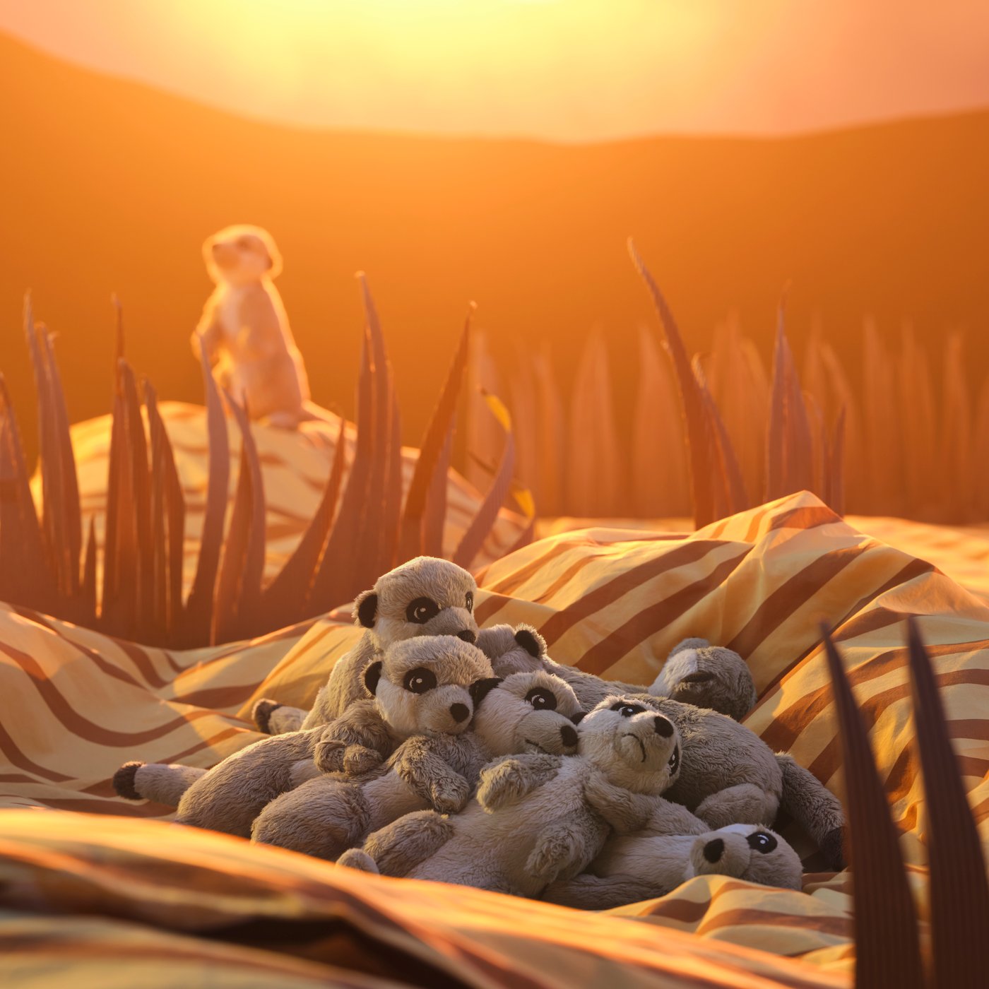 A group of SANDLÖPARE soft toy meerkats are sleeping in a pile on a sunlit savannah made from cardboard cutouts and bedding.