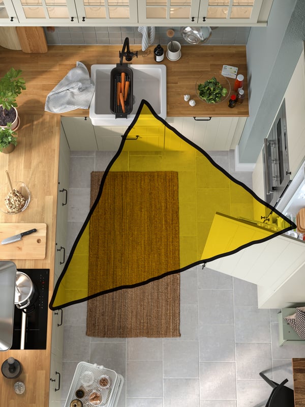 The corners of a yellow triangle mark a white HAVSEN sink bowl with visible front, an induction hob and a fridge/freezer.