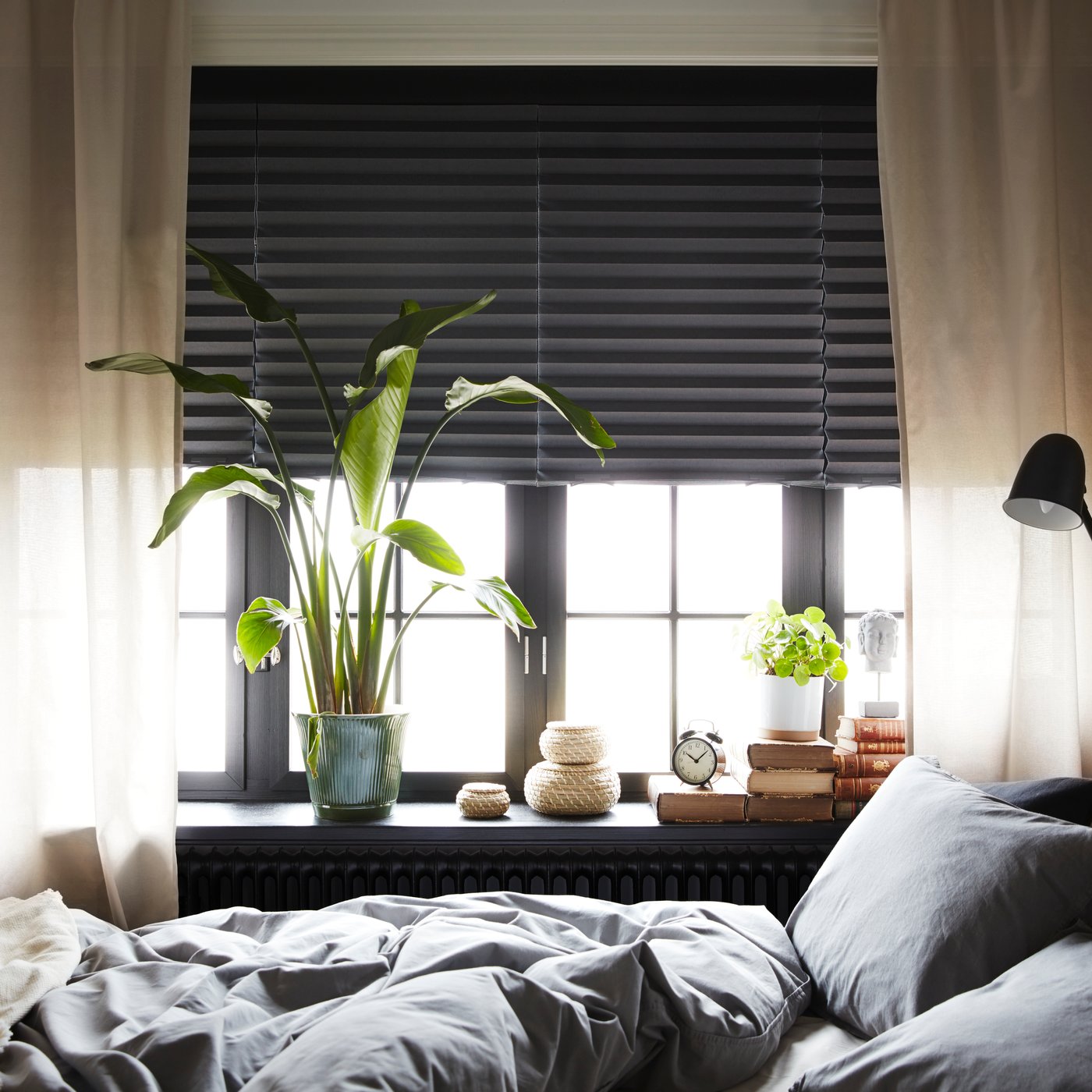 Rozkládací pohovka, která slouží jako postel, stojí před okny s plisovanými roletami SCHOTTIS a průsvitnými závěsy.