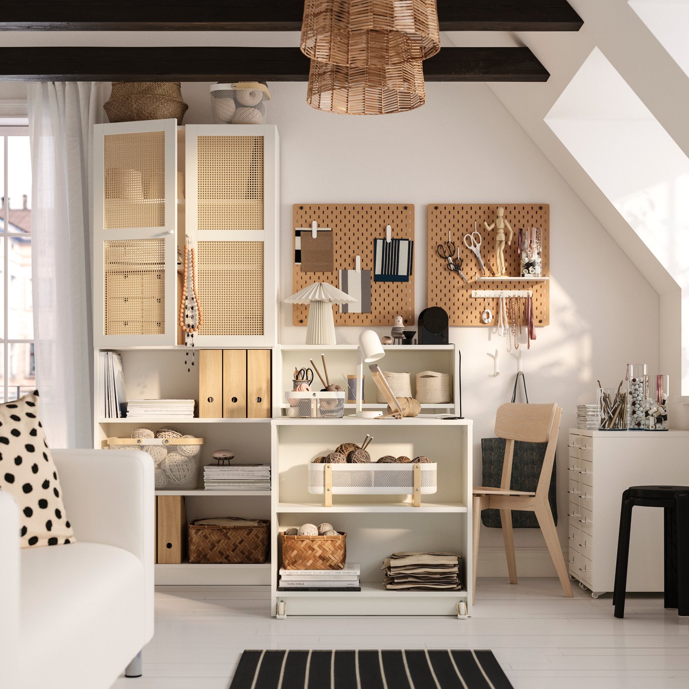 A white/woven bamboo BILLY bookcase comb w foldable table