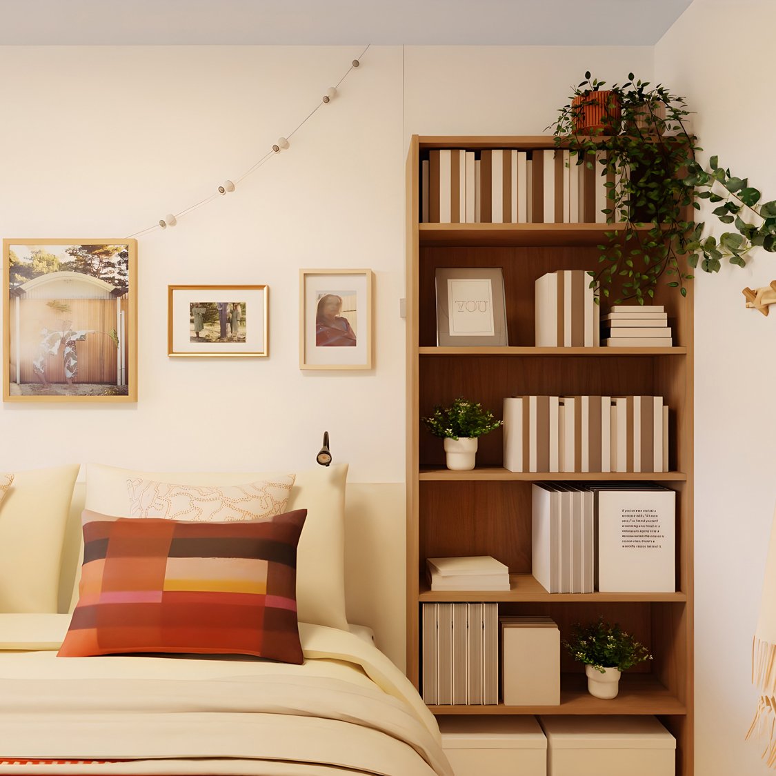 spalni del v garsonjeri skupaj s knjižno omaro