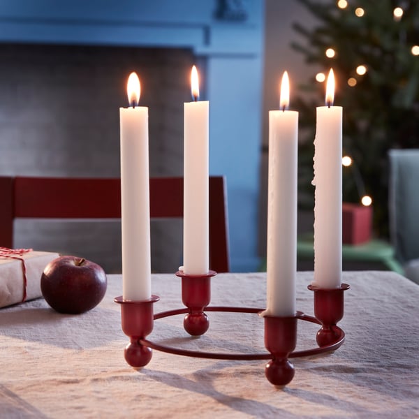 4 white candles and VINTERFINT collection candle holder