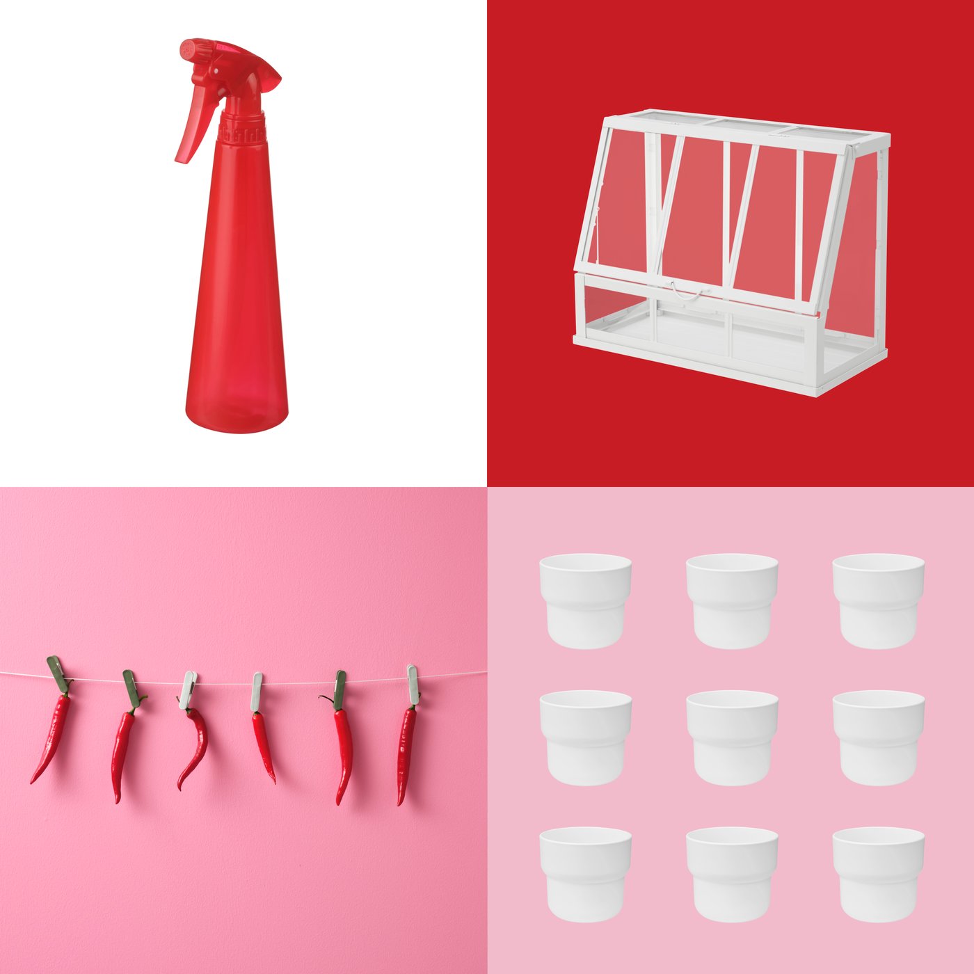 Im geteilten Bildschirm ist Folgendes zu sehen: ein ÅKERBÄR Gewächshaus, eine TOMAT Sprühflasche, FÖRENLIG Übertöpfe und dekorative Chilis, die an einer Schnur hängen.