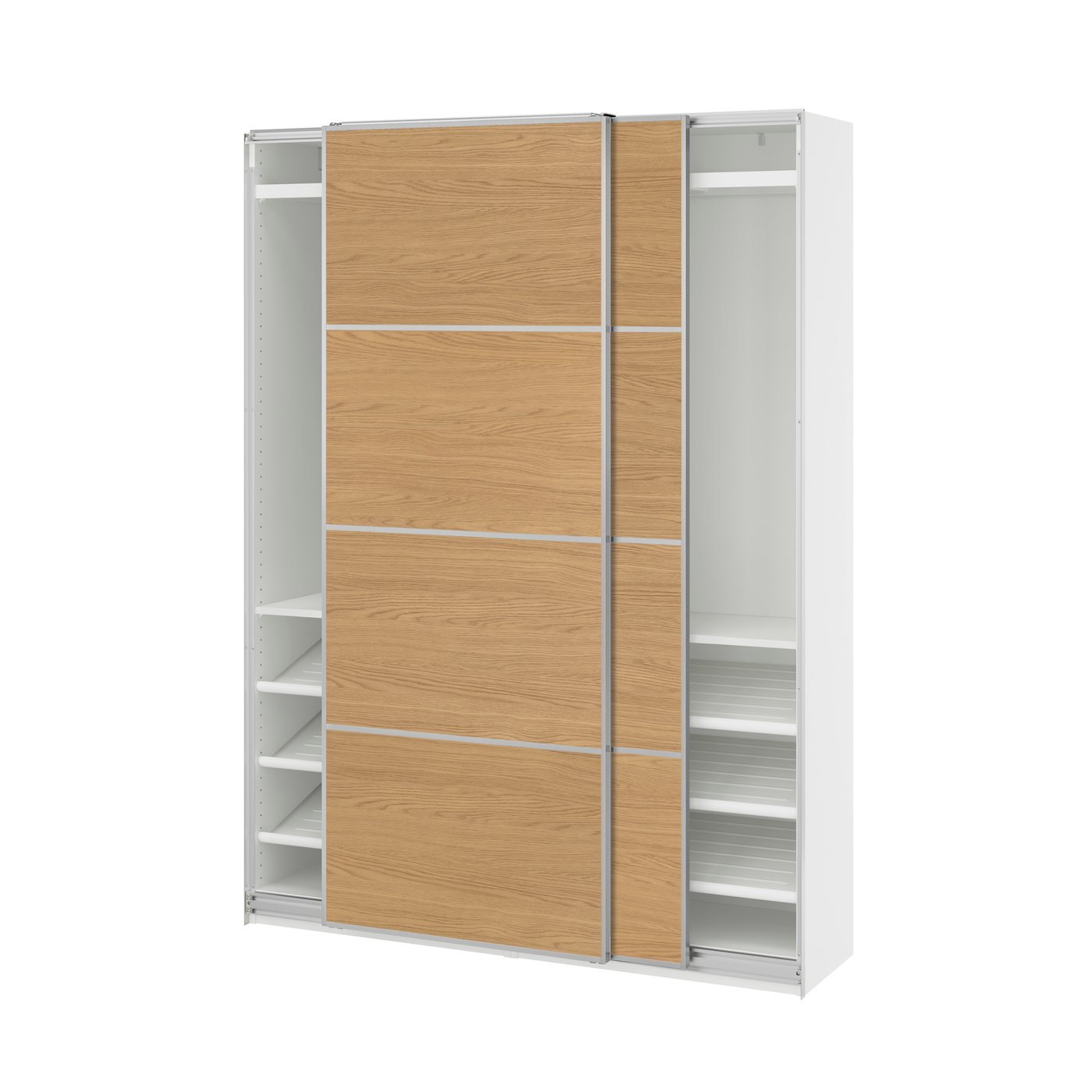 IKEA - PAX / MEHAMN vaatekaappi + liukuovet, valkoinen alumiini/2-puolinen tammikuvio, 150x43x201 cm