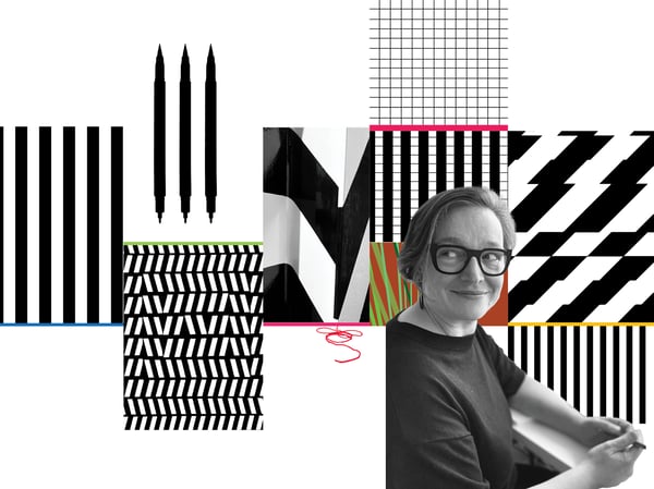 A black and white patterned moodboard with small pop of colours, and a portrait of Leen.