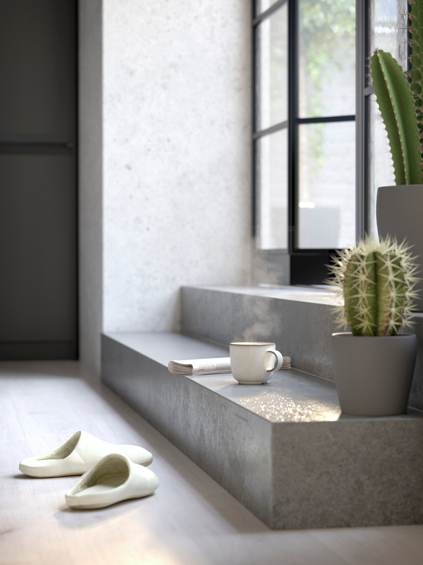 PERSILLADE plant pots in dark grey with plants, on a step by glass doors, along with a GLADELIG mug in grey and slippers.