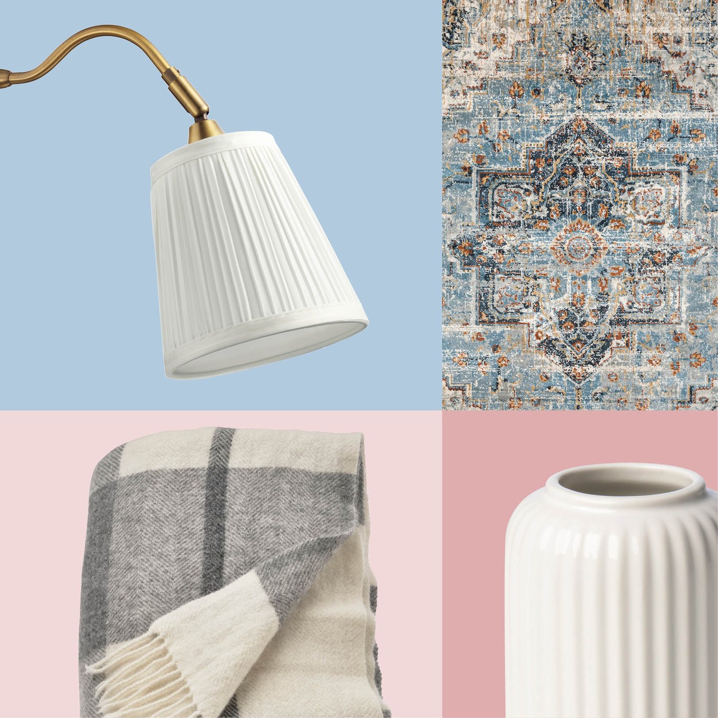A mix of a ribbed white vase, a classic lampshade, a soft throw and an oriental‑inspired rug showcases the timeless, cozy atmosphere you can create with IKEA accessories.