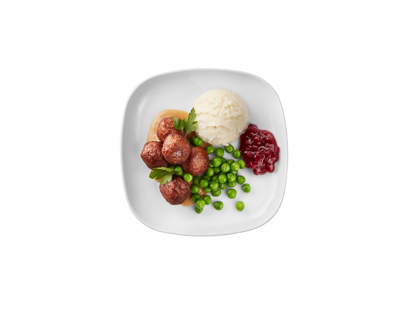 plate of meatballs, mashed potatoes, and peas