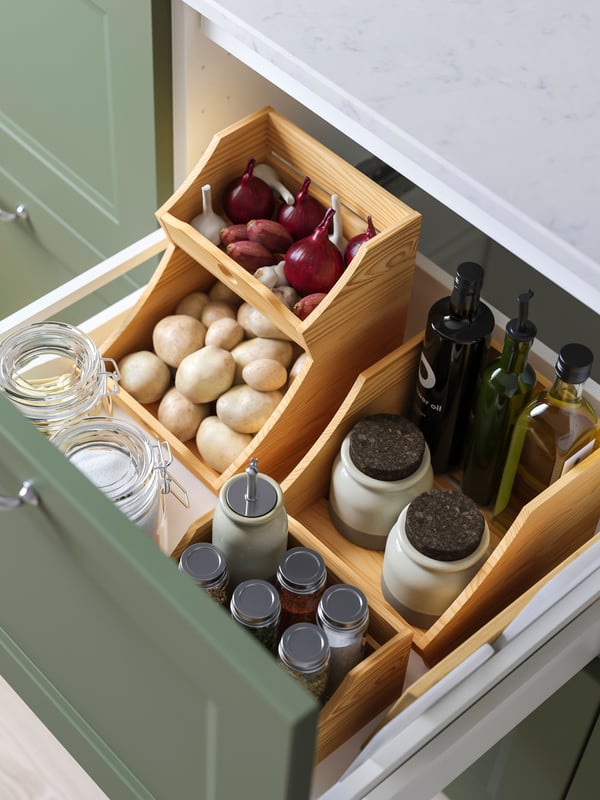 A wood CHOKLADHAJ kitchen countertop organiser