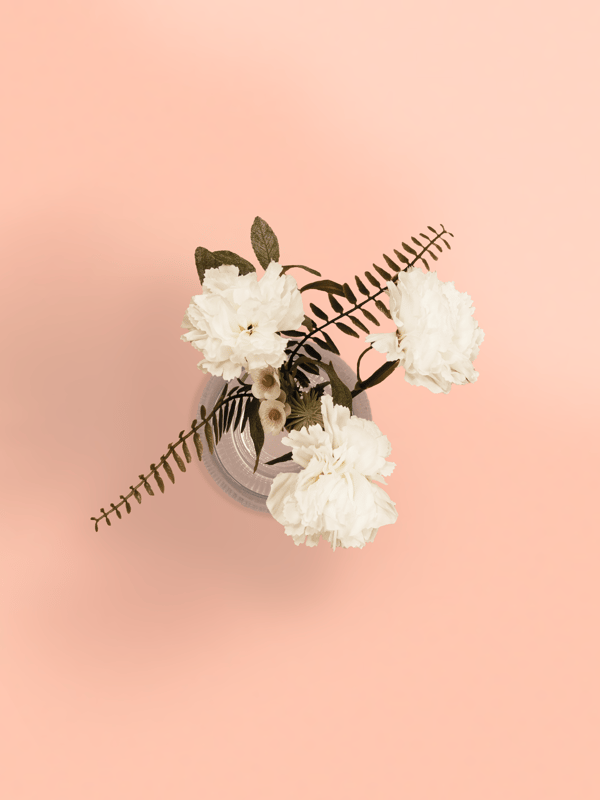 SMYCKA flowers inside a PÅDRAG vase on a peach-coloured background, photographed from a bird's eye view