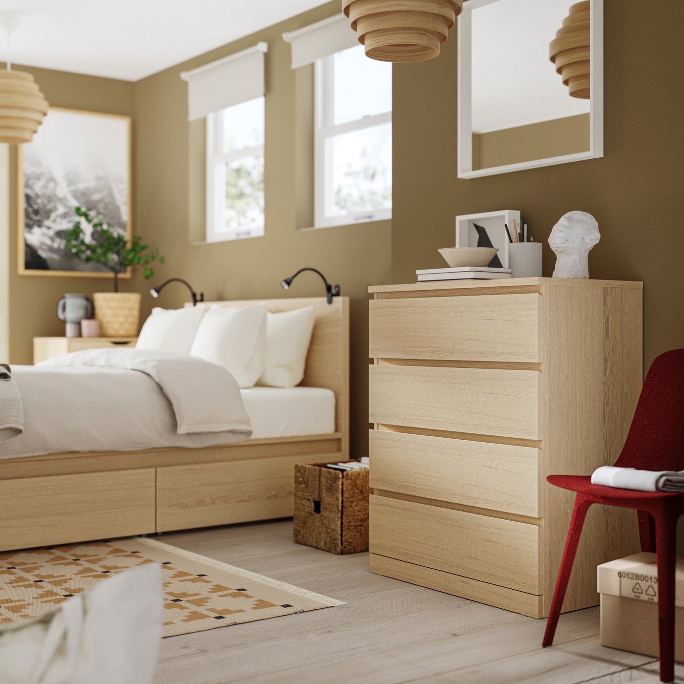Bedroom with MALM bed and MALM chest of drawers with 4 drawers