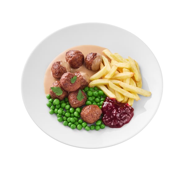 Polpette VegeTali e quali 8 pz con puré di patate o patatine fritte, piselli, salsa e confettura di mirtilli rossi