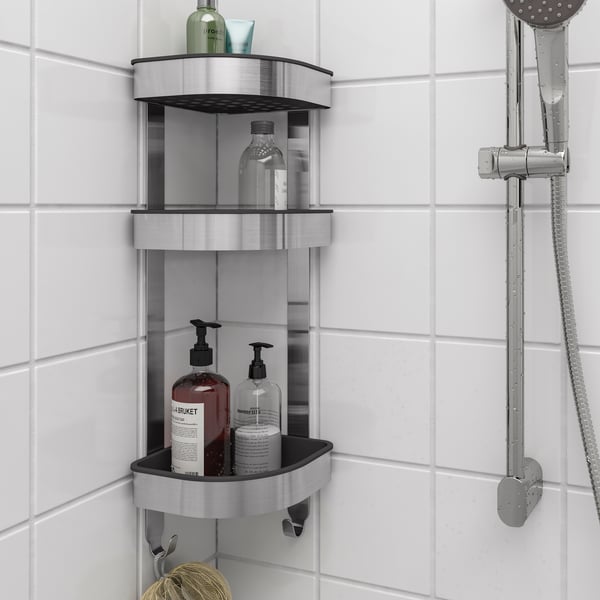 A stainless steel BROGRUND corner wall shelf unit