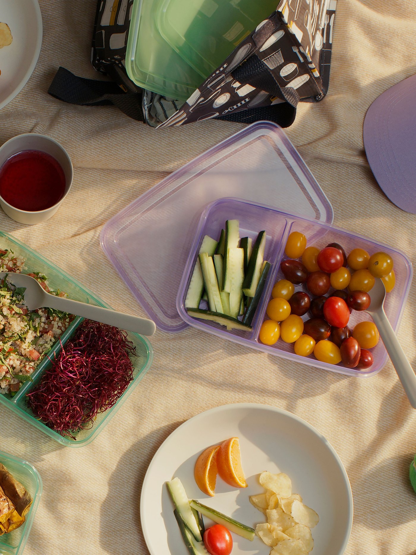 A lilac/green PRUTA sandwich container with lid