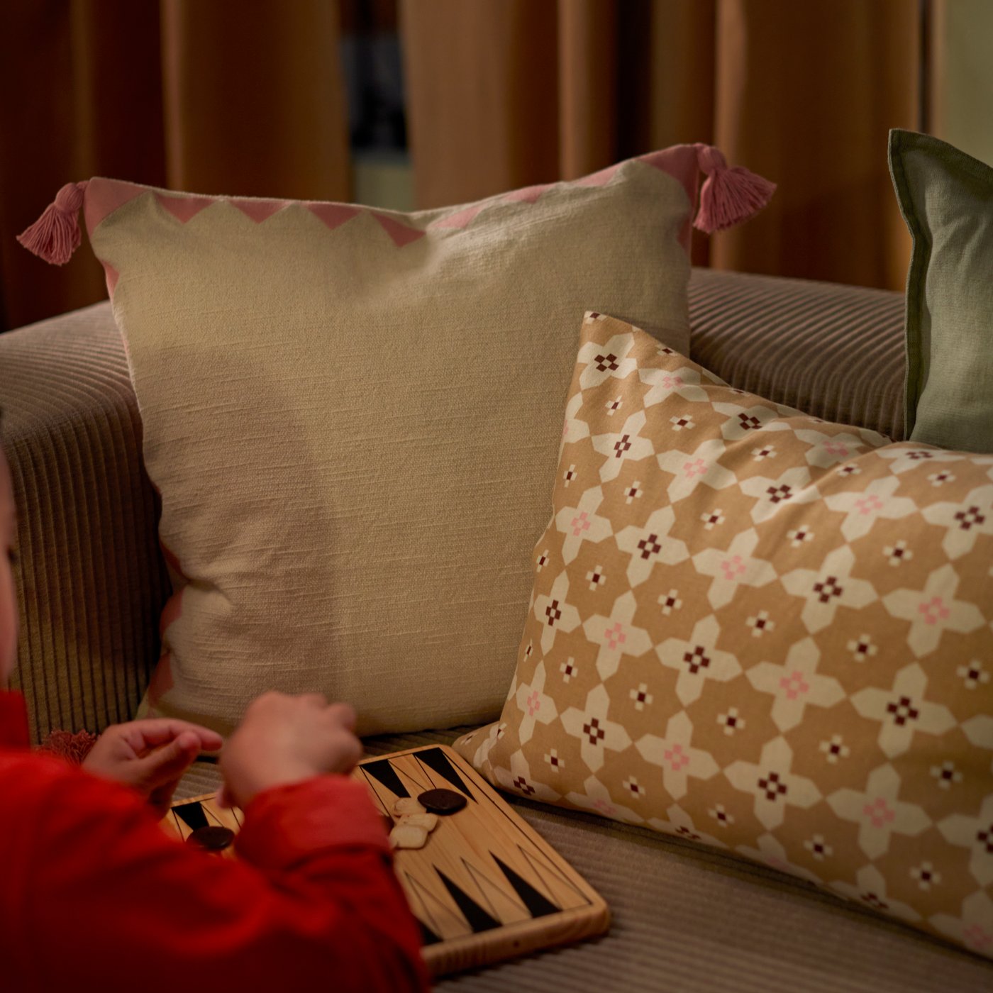 A beige-yellow/with heading tape SANELA curtains, 1 pair