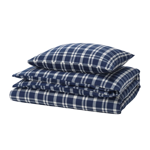 A dark blue/check TORNTUSS duvet cover and pillowcase