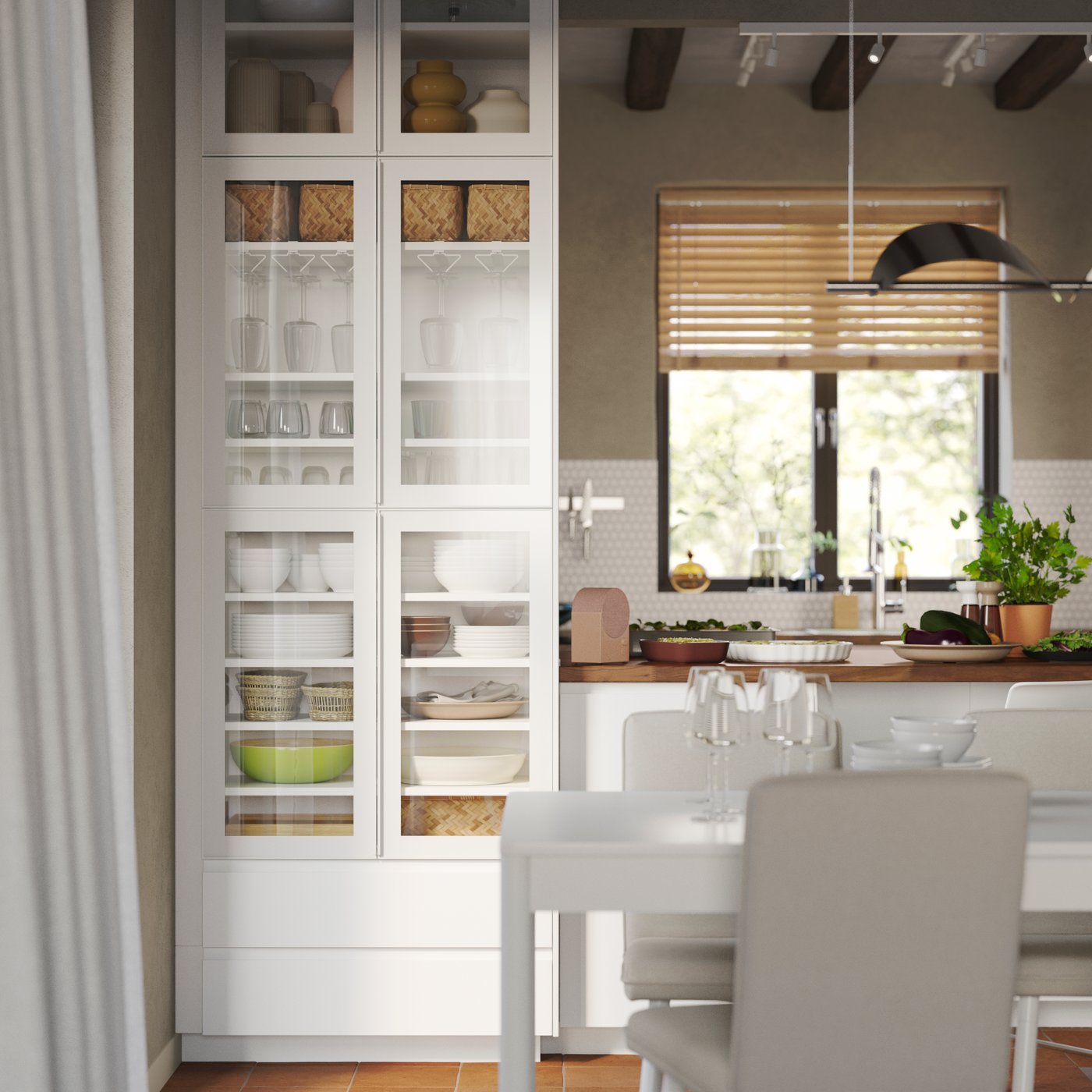 A glass door cabinet, made of METOD kitchen cabinets, has dinner-related items stored on the shelves and in the drawers.