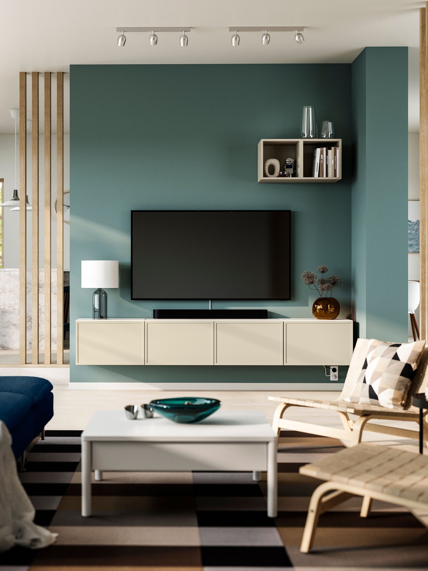 A white/Krukmakare beige BESTÅ TV bench with doors