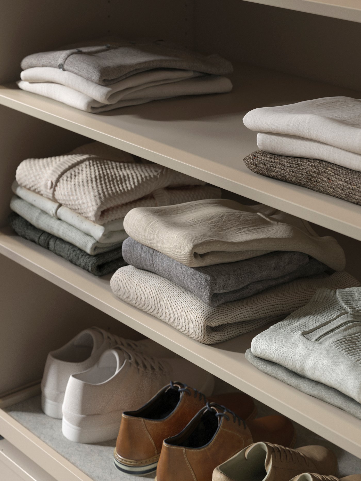 KOMPLEMENT shelves in a PAX wardrobe with folded clothing and shoes