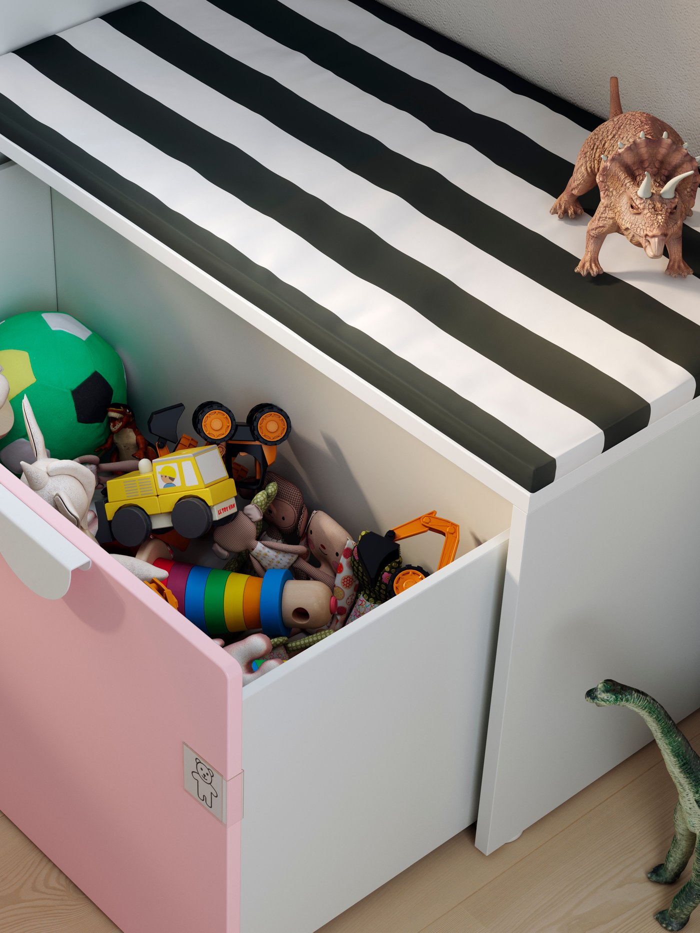 Um banco SMÅSTAD branco/rosa claro com arrumação para brinquedos