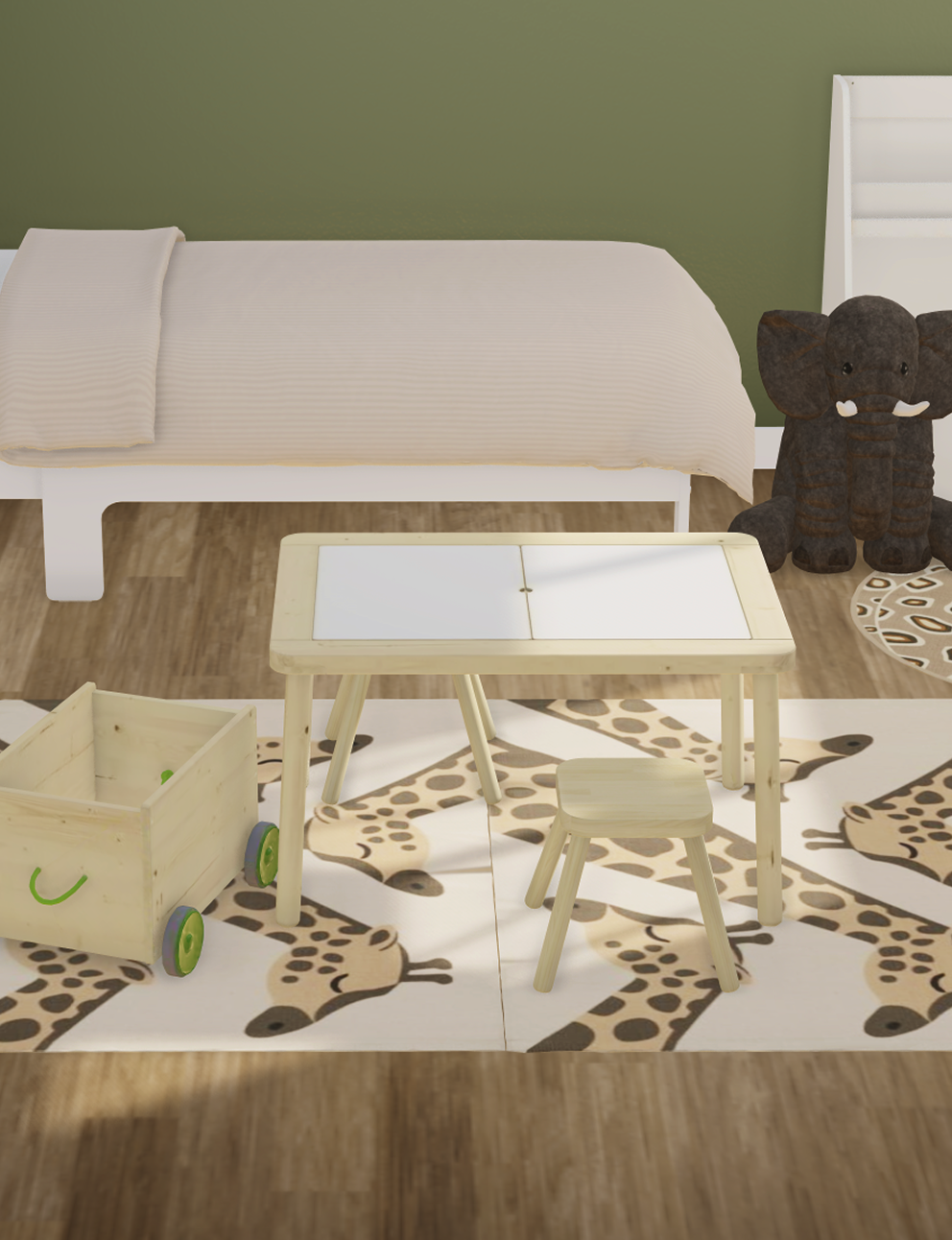 Kreativraum für Kleinkinder, entworfen im IKEA Kreativ 3D-Raumplaner. Niedrige Möbel, kleiner Tisch und kreative Spielmöglichkeiten.