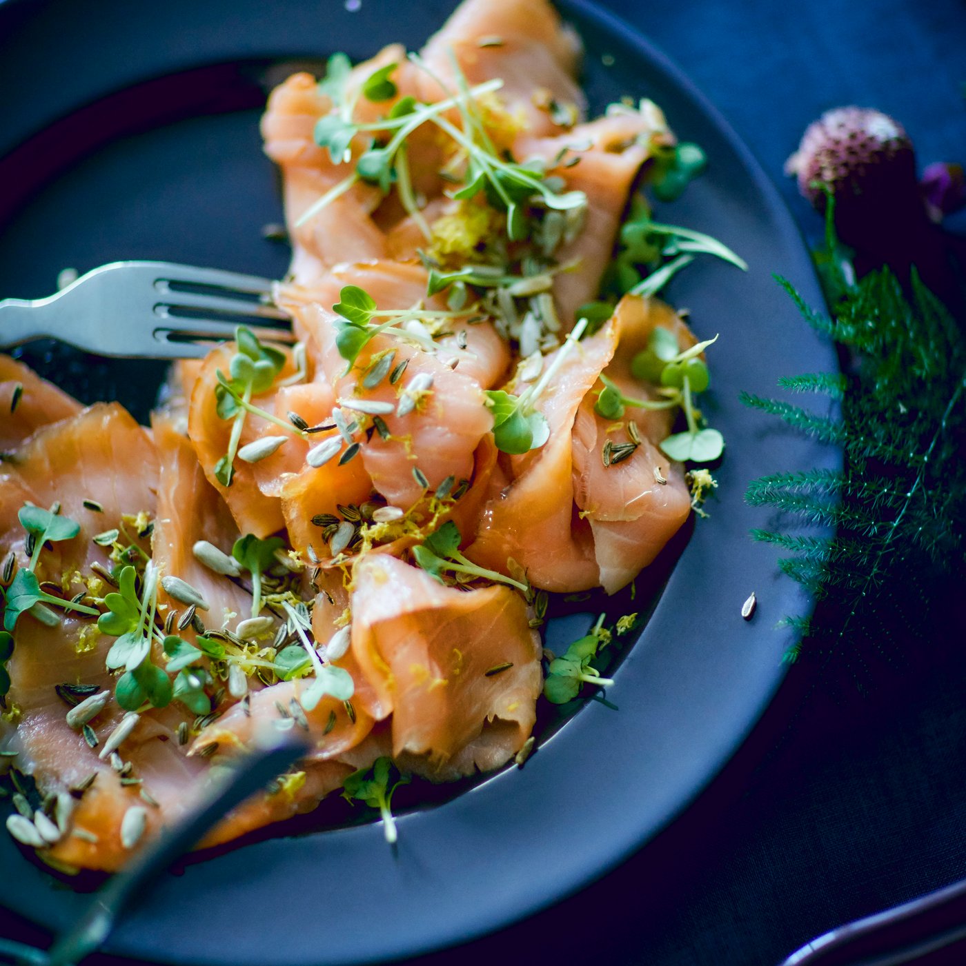 A blue plate with SJÖRAPPORT cold smoked salmon nicely presented with sunflower seeds and fresh herbs.