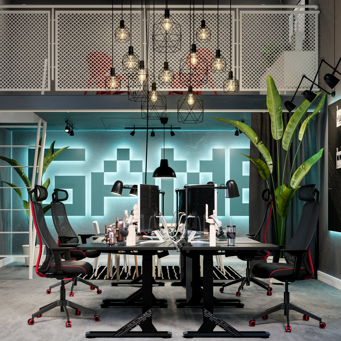 A futuristic room with a mezzanine balcony overlooking a collective workspace formed by UPPSPEL desks and MATCHSPEL chairs.