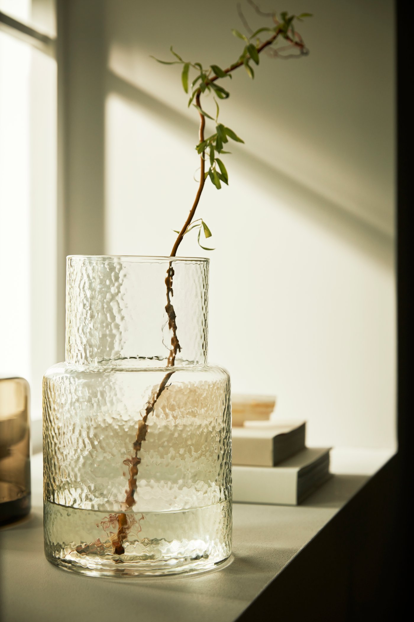 A single KONSTFULL clear glass vase with a speckled design, a single twig inside. 