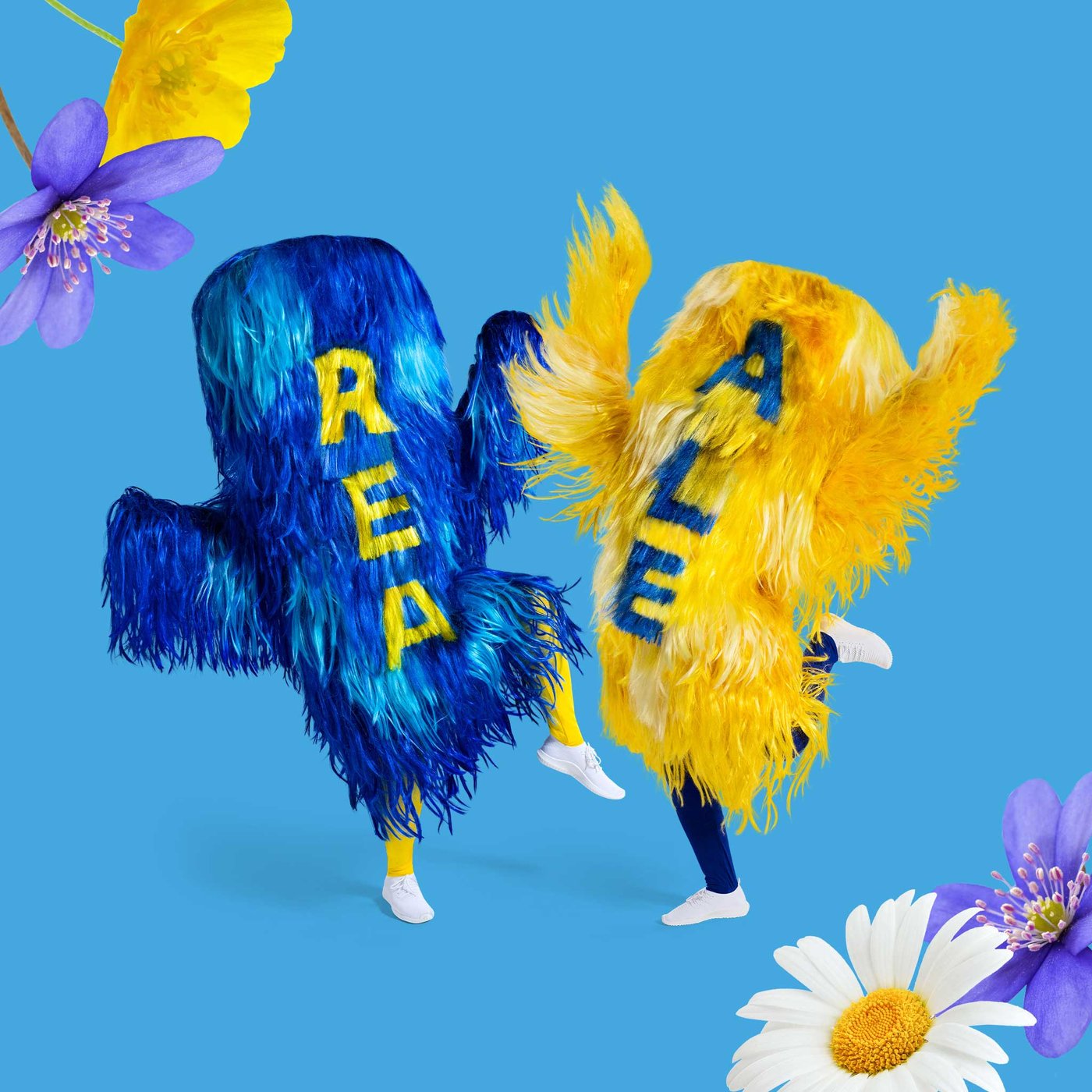 Two furry SALE characters, one yellow and one blue, are dancing on a blue background.