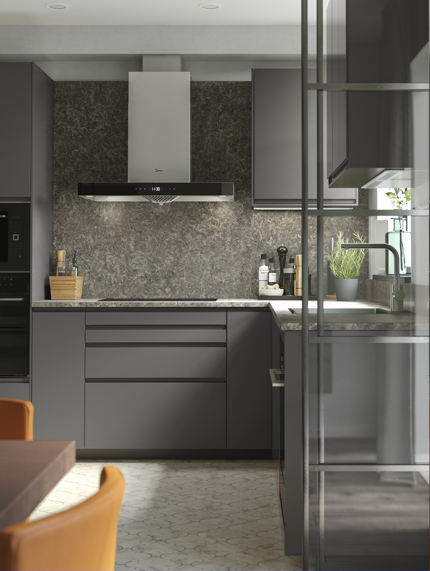 Šedá moderní kuchyně do L