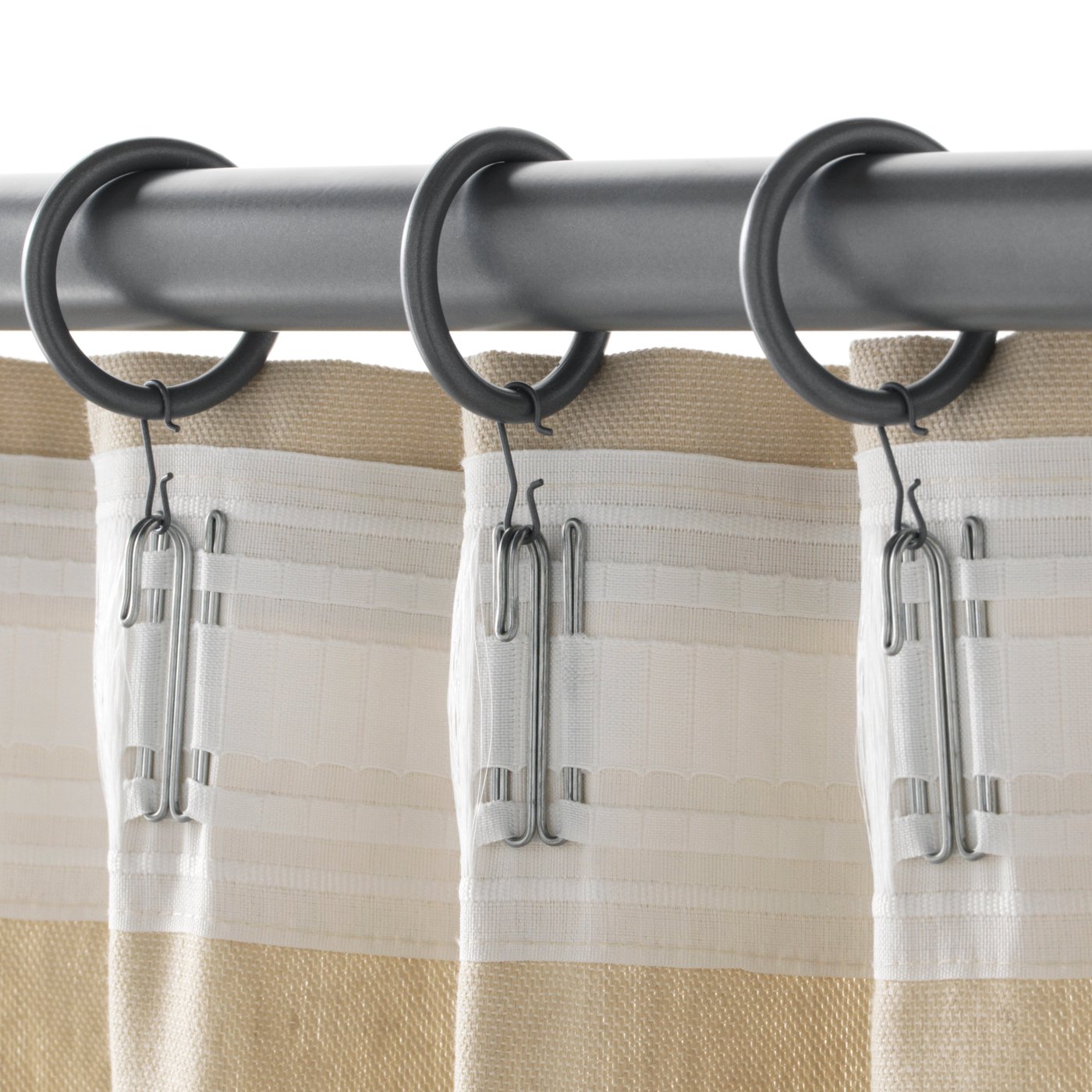A silver-colour SYRLIG curtain ring with clip and hook