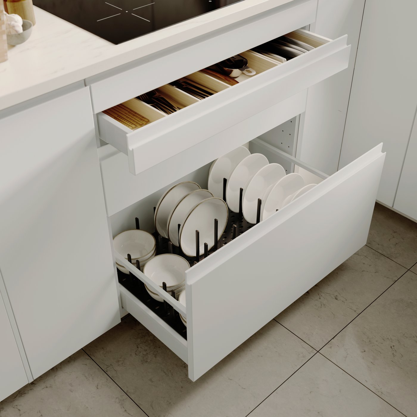 A high-gloss white VOXTORP door in the kitchen