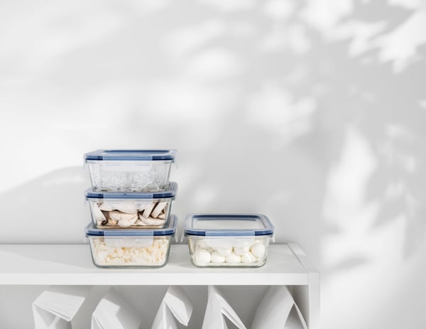 A rectangular glass/plastic IKEA 365+ food container with lid in the kitchen