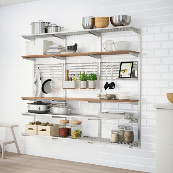 A stainless steel/ash KUNGSFORS suspension rail with shelf/wll grid