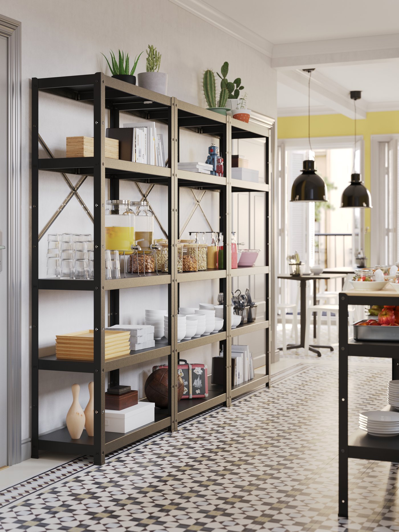 Three BROR shelving units filled with tableware and kitchen items, standing attached to a white wall in a breakfast room.