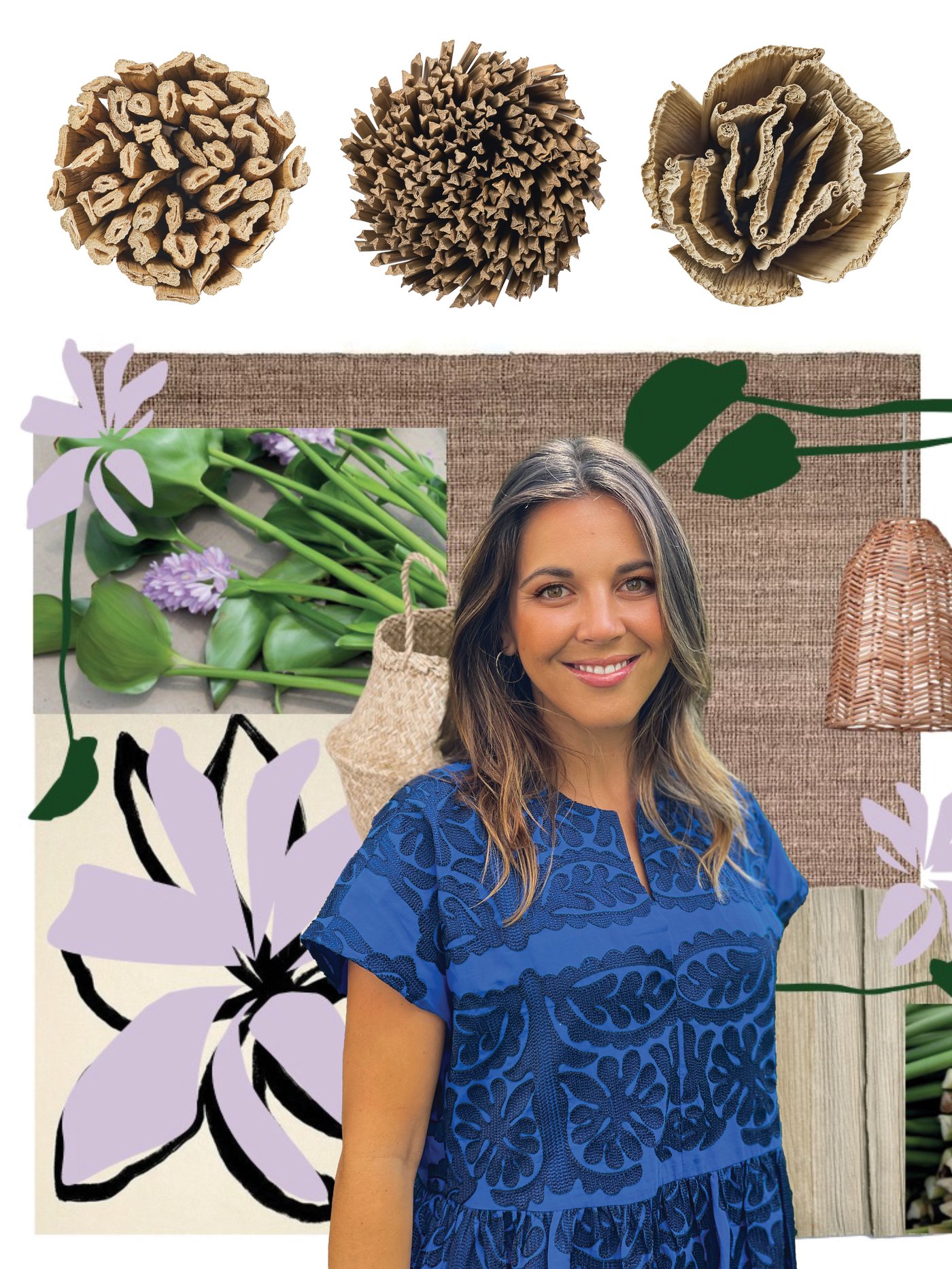 En collage med et portræt af Sara og billeder af naturmaterialer og IKEA produkter