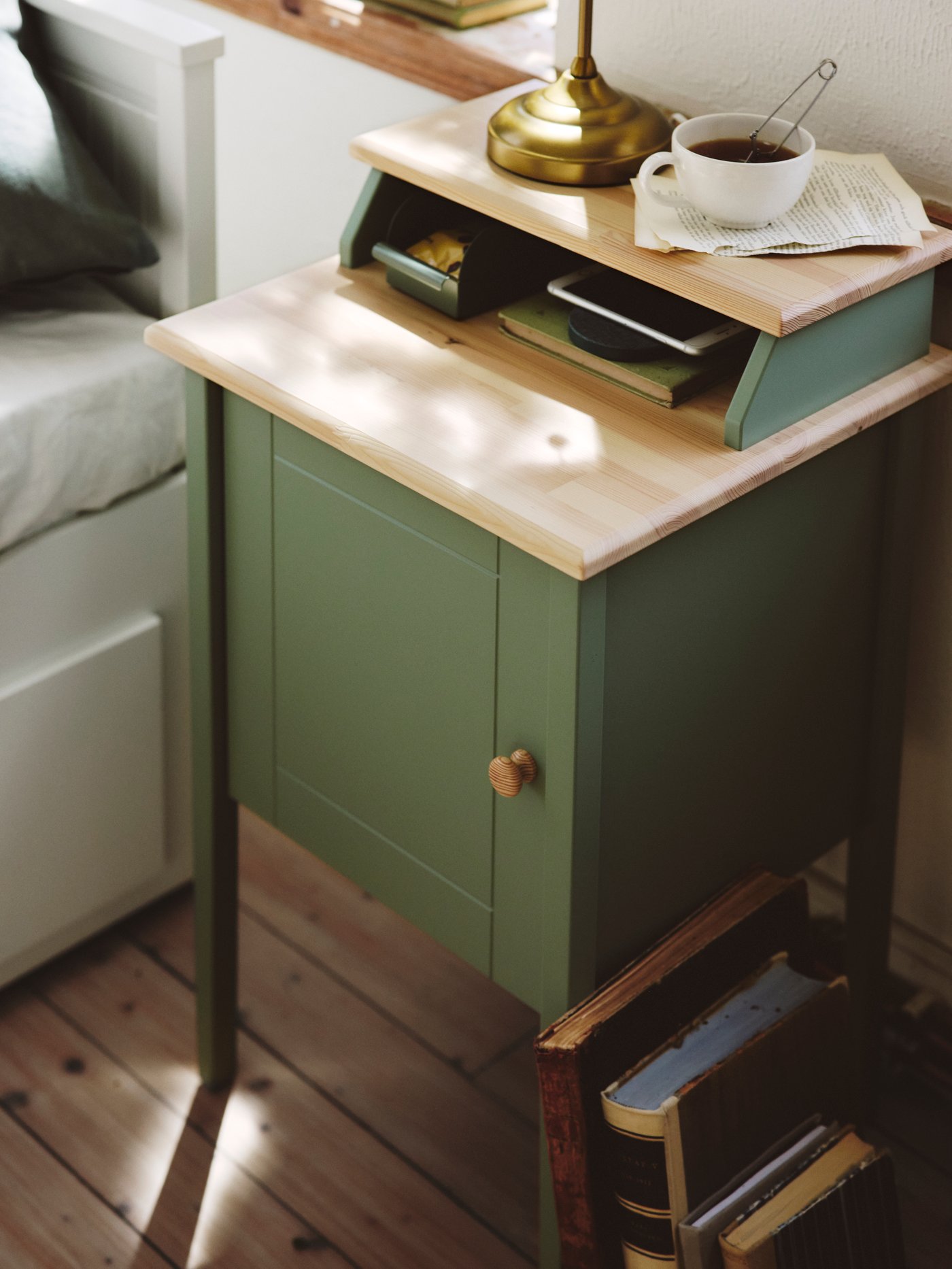 A grey-green/pine OLDERDALEN bedside table