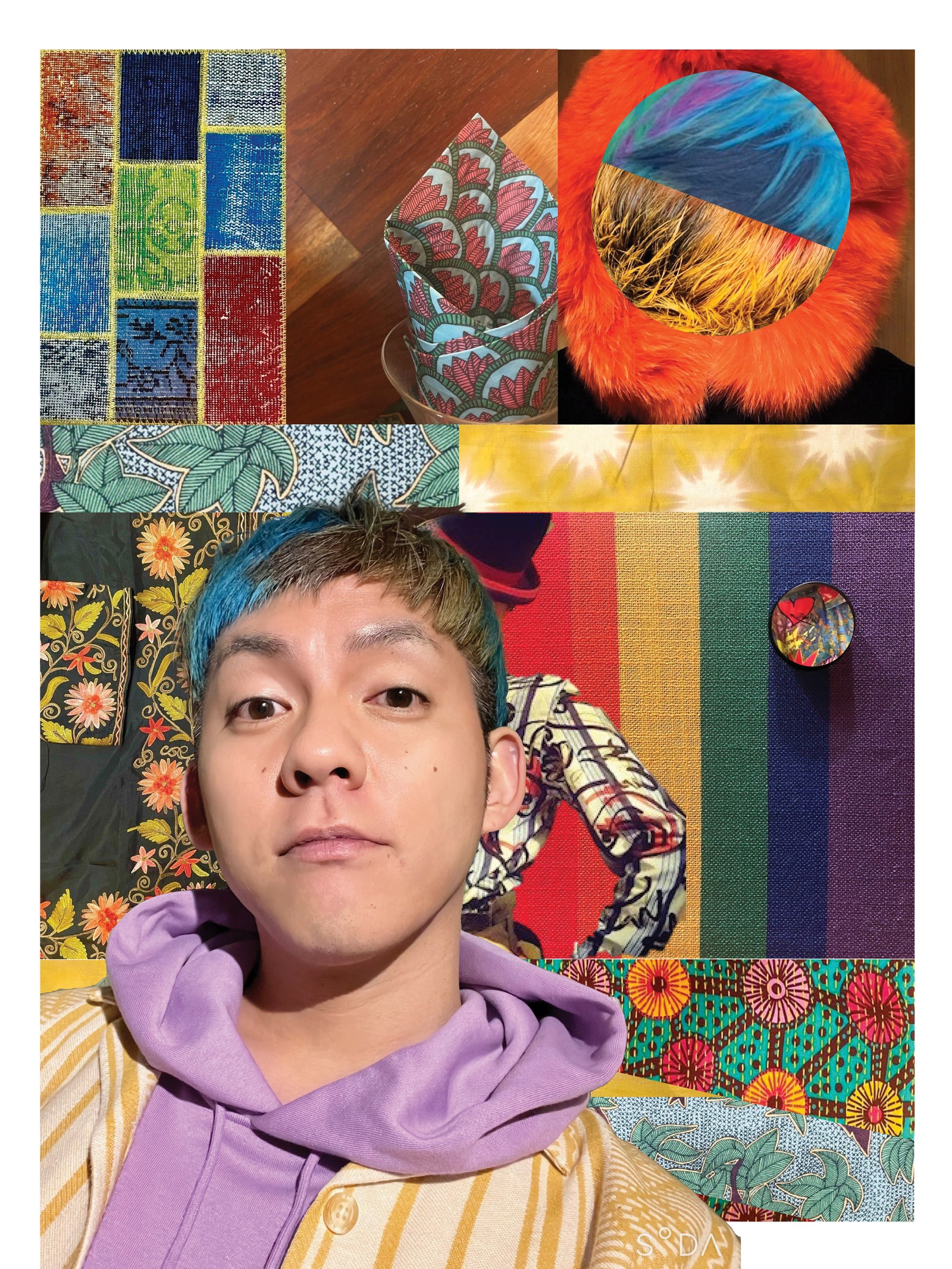 Kolaž s portretom na kom je Jamie i slikama sa šarenim printovima.