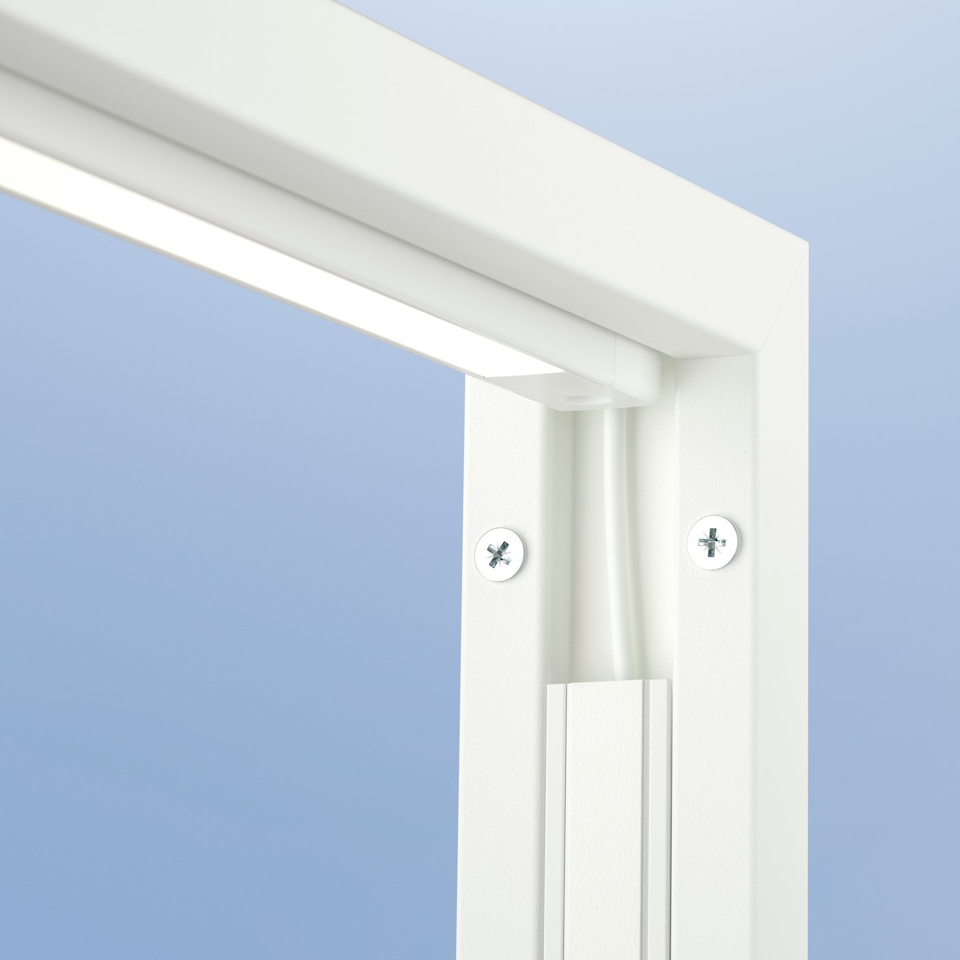 The top corner of a MITTZON frame showing how SKYDRAG LED light strip is mounted on the inside.